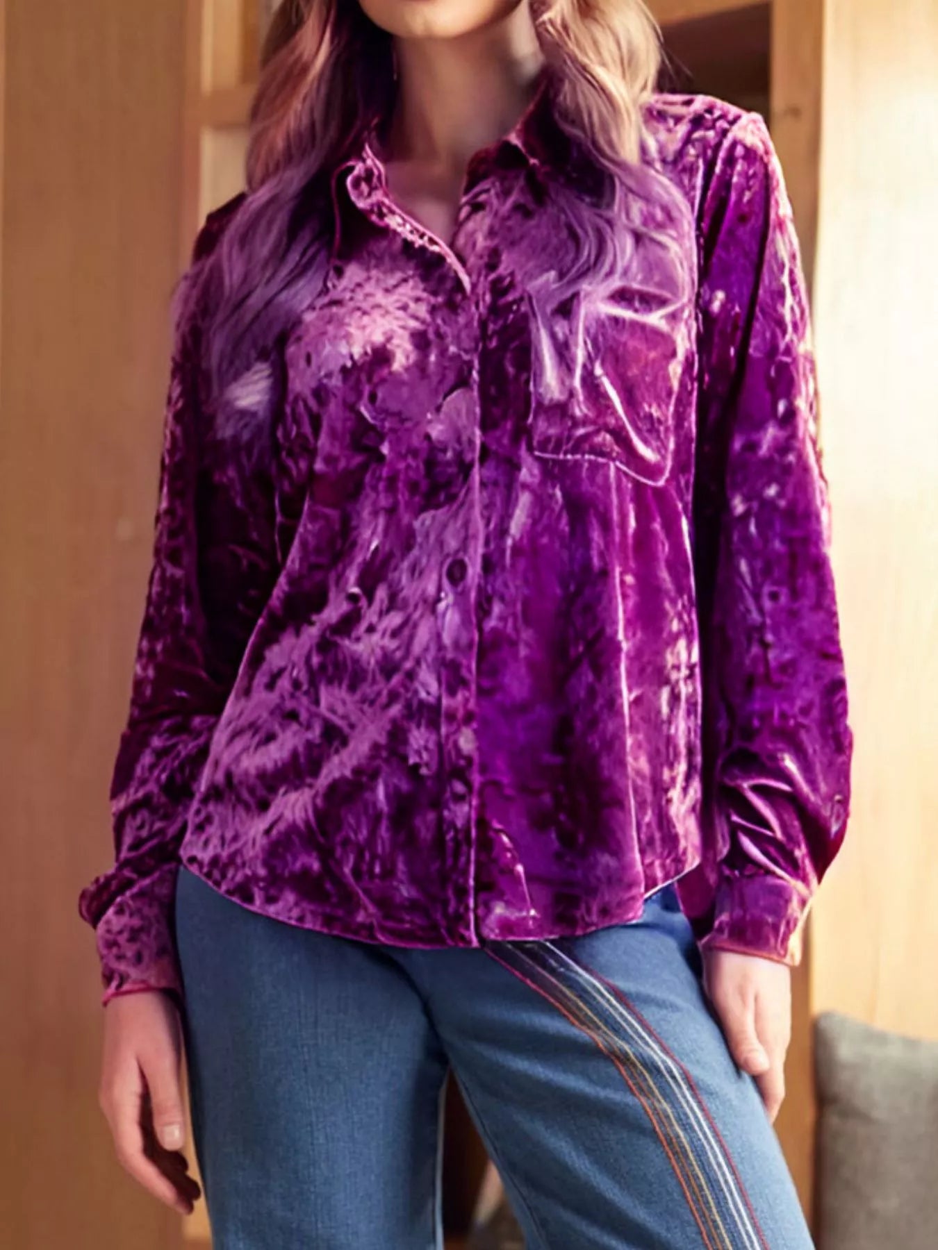 Sarah Express Women's Velvet Button-Down Long Sleeve Shirt