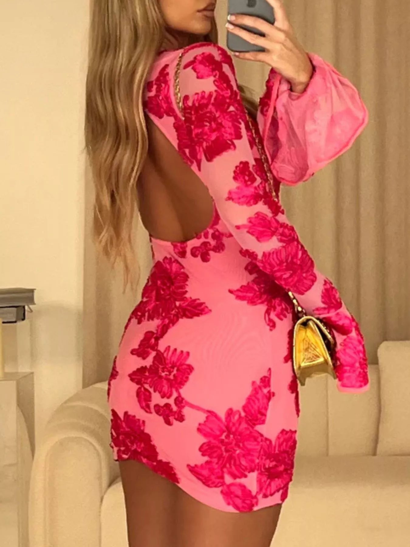 Sarah Express Women's Backless Floral Flounce Sleeve Dress - Romantic Party & Wedding Guest Dress