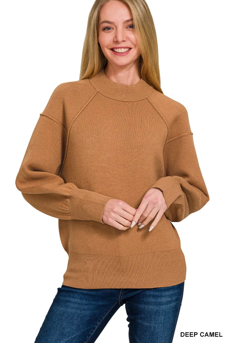 Sarah Express Women's Viscose Mock Neck Exposed Seam Sweater DEEP CAMEL