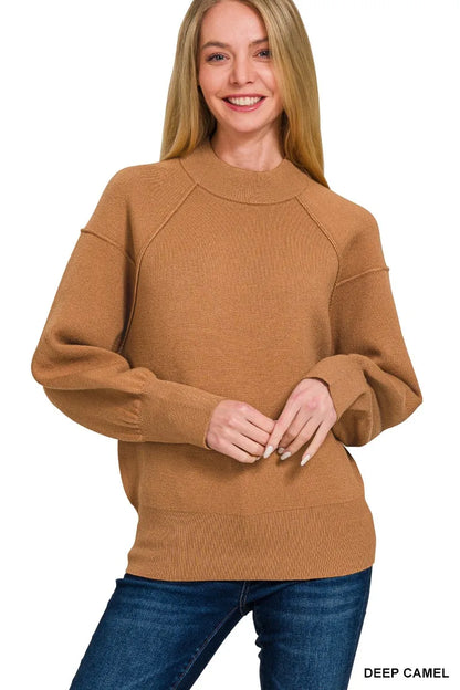 Sarah Express Women's Viscose Mock Neck Exposed Seam Sweater DEEP CAMEL