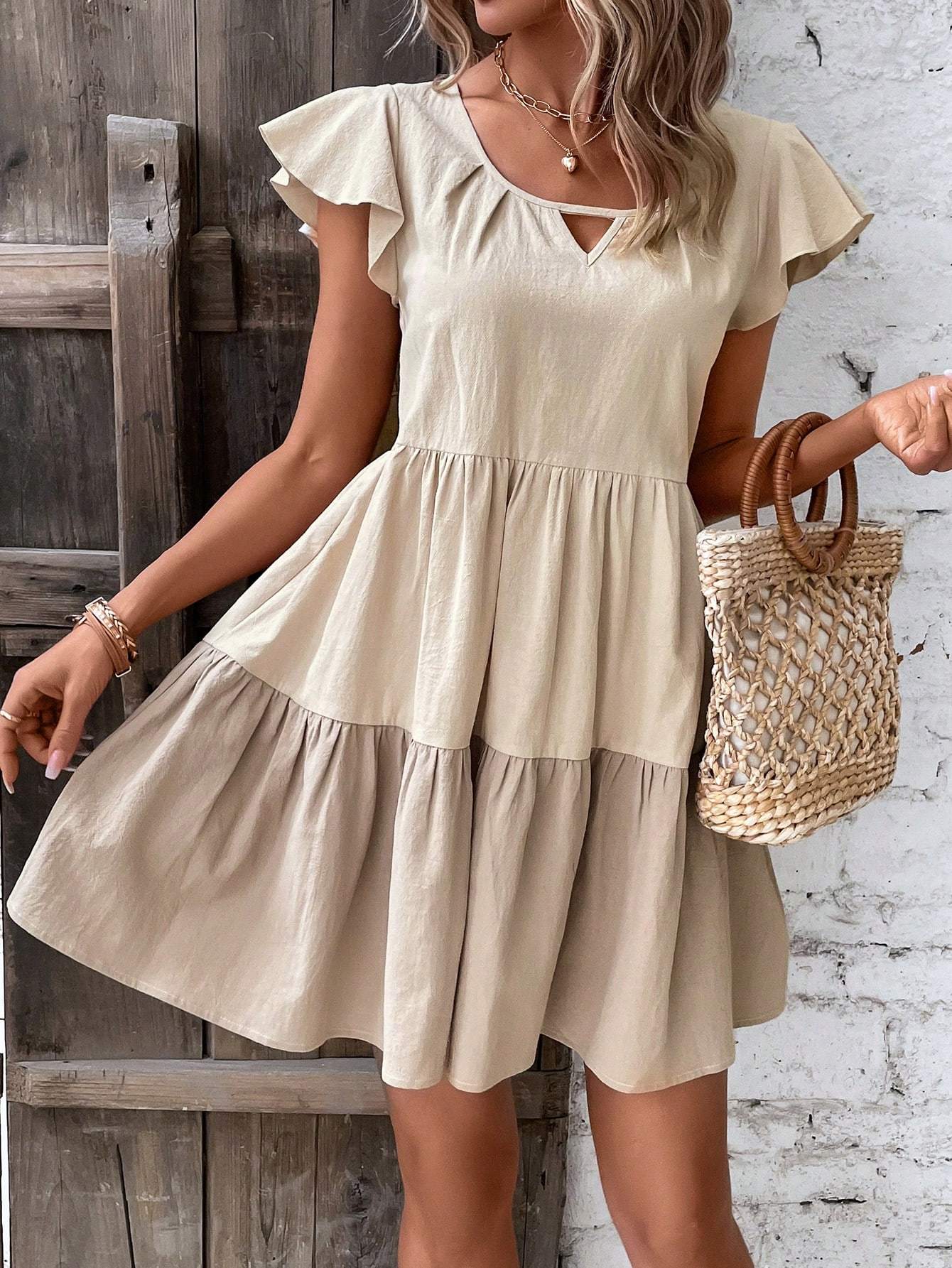 Sarah Express Women's Colorblock Smock Dress Keyhole Neckline Ruffle Hem Short Sleeve A-Line