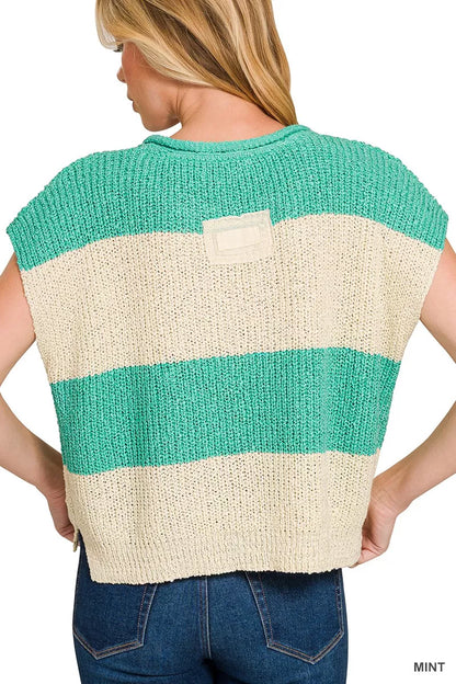 Sarah Express Women's Split Neck Sleeveless Stripe Sweater