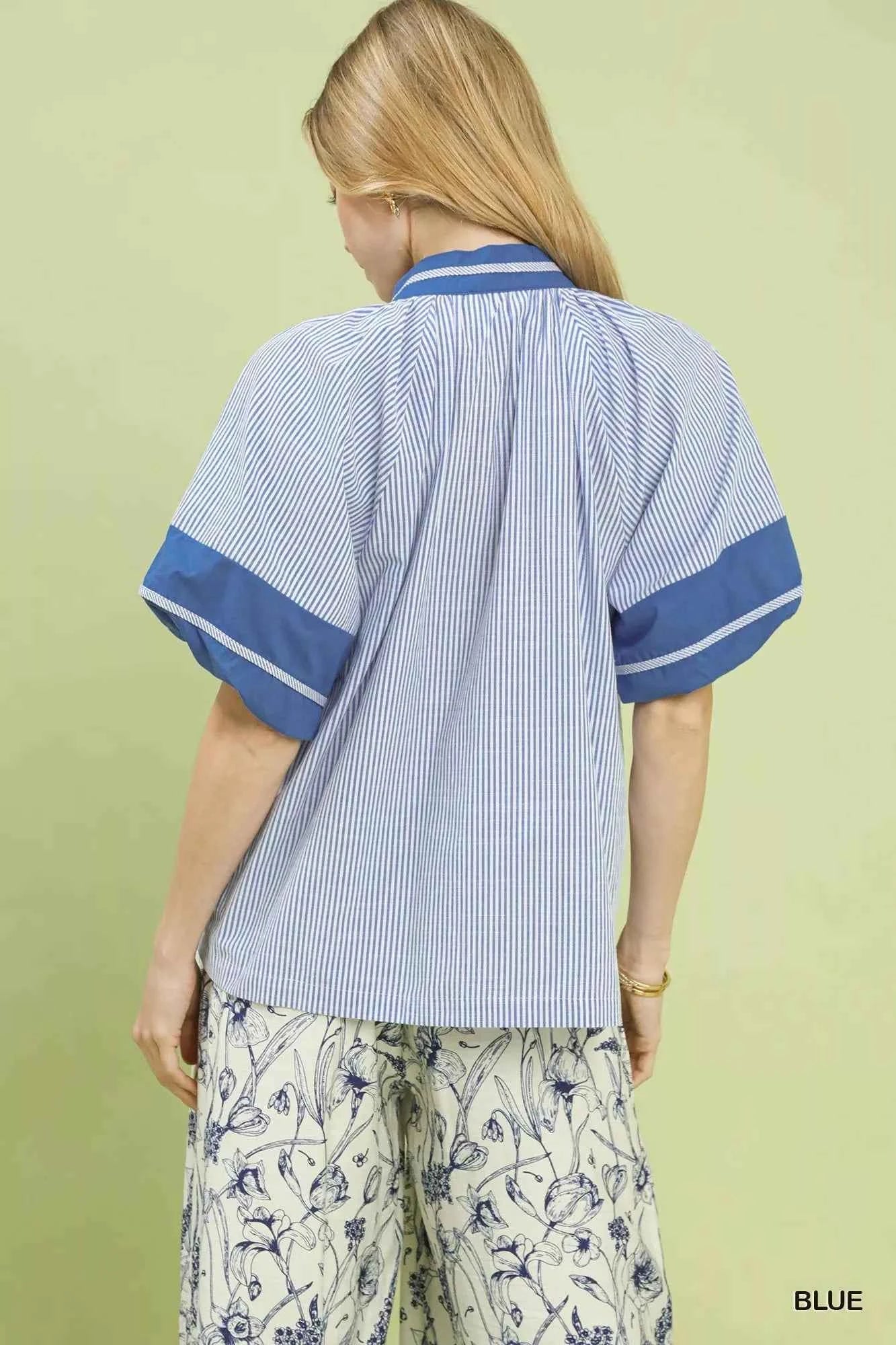 Sarah Express Women's Striped V-Neck Puff Sleeve Blouse - Cotton Blend Flutter Sleeve Top