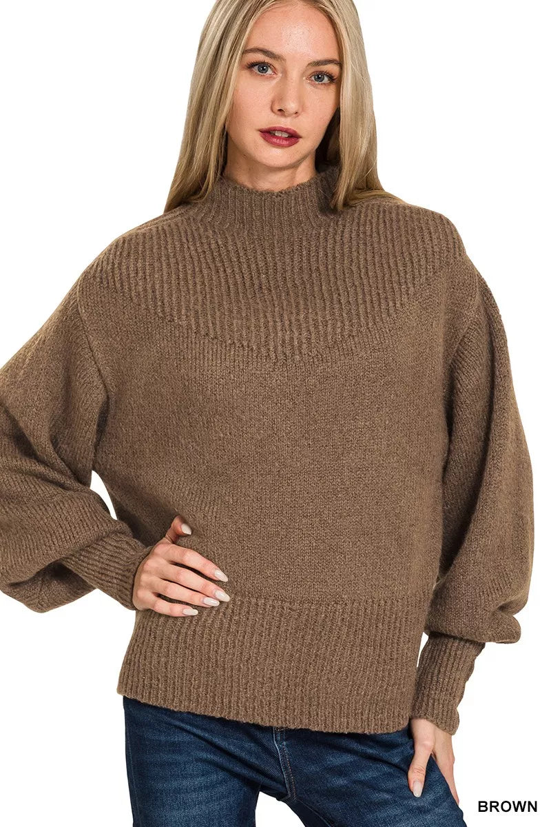Sarah Express Women's Balloon Sleeve Mock Neck Sweater BROWN
