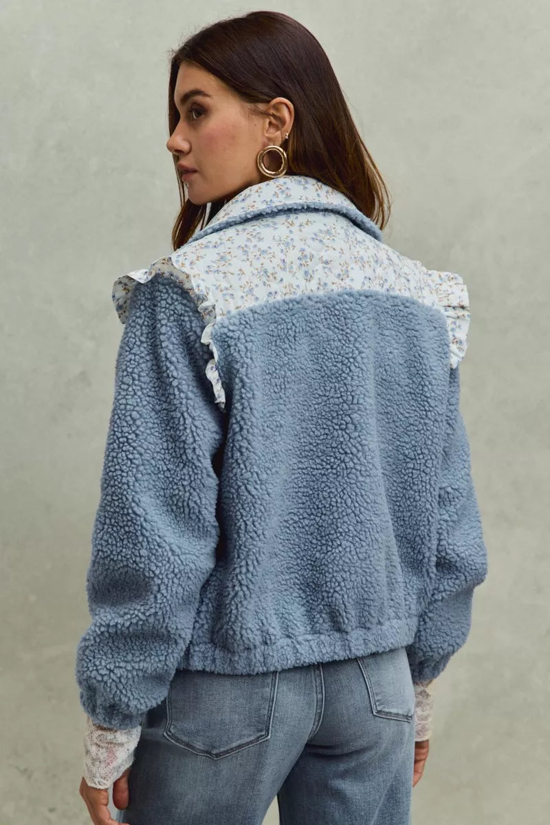 Sarah Express Women's Faux Fur Sherpa Jacket with Floral Contrast - Cozy Zip Up Pullover