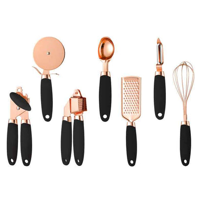 Sarah Express Rose Gold Kitchen Peeler & Utensil Set - 7 Piece Stainless Steel Cookware Tools black