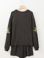 Sarah Express Women's Flying Mallard Sequin Patched Ribbed Long Sleeve Top and Shorts Set