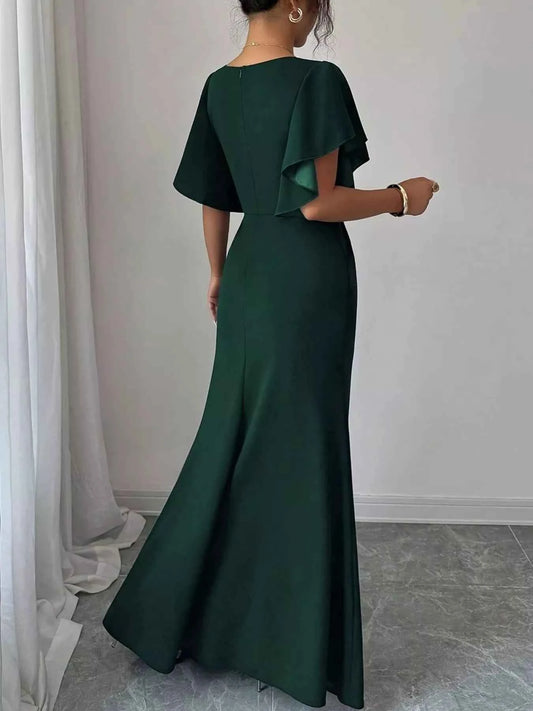 Sarah Express Women's Surplice Flutter Sleeve Maxi Dress - Ruched Slit Evening Dress