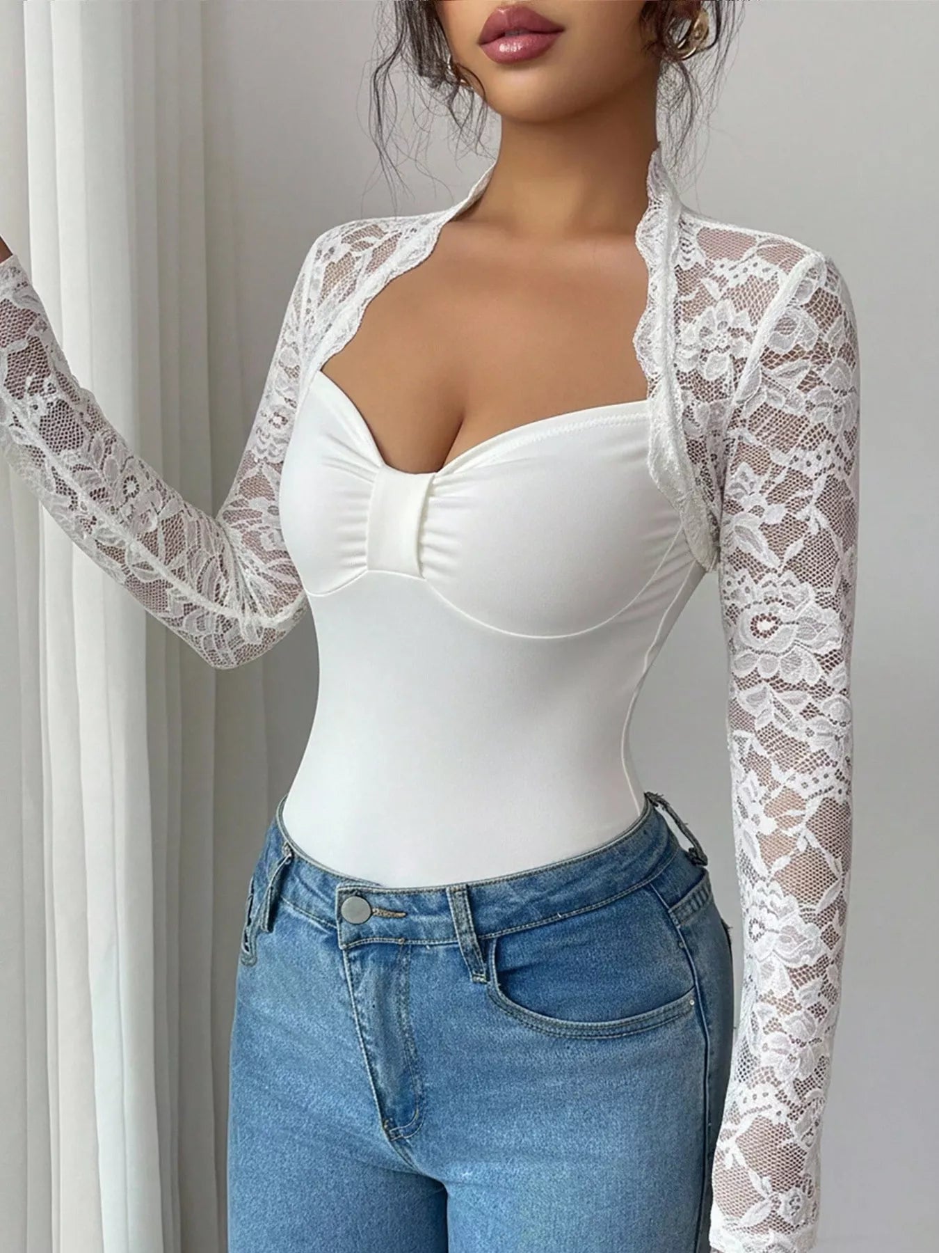 Sarah Express Women's Lace Sleeve Long Sleeve T-Shirt - Elegant Casual Top White