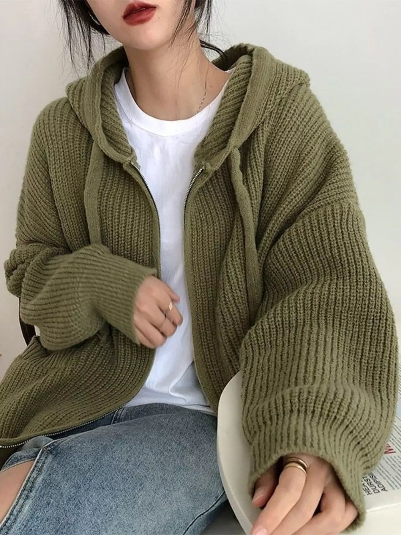 Sarah Express Women's Casual Knitted Zip-Up Hooded Cardigan