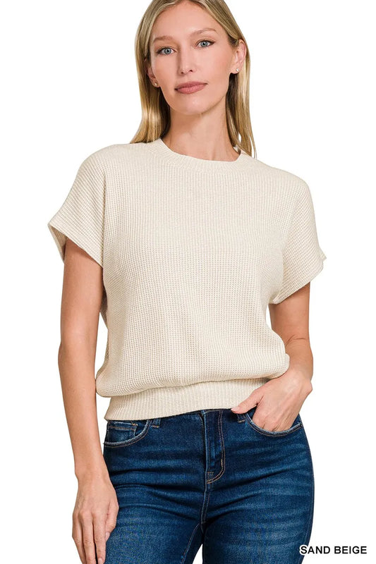 Sarah Express Women's Round Neck Banded Button Short Sleeve Sweater - Ribbed Knit Top SAND BEIGE