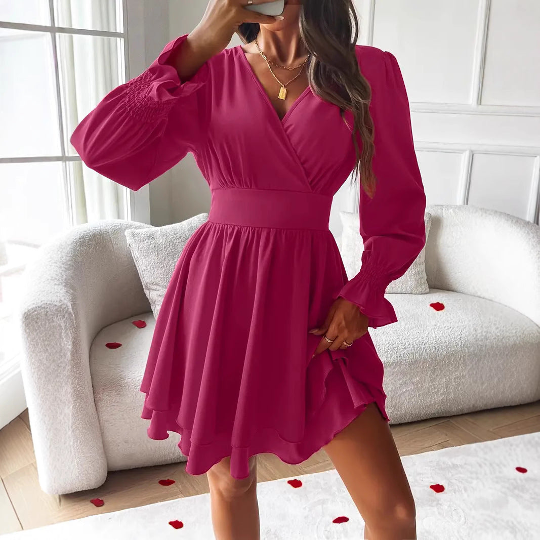 Sarah Express Women's V-Neck Long Sleeve Double Layer Skirt Work Dress