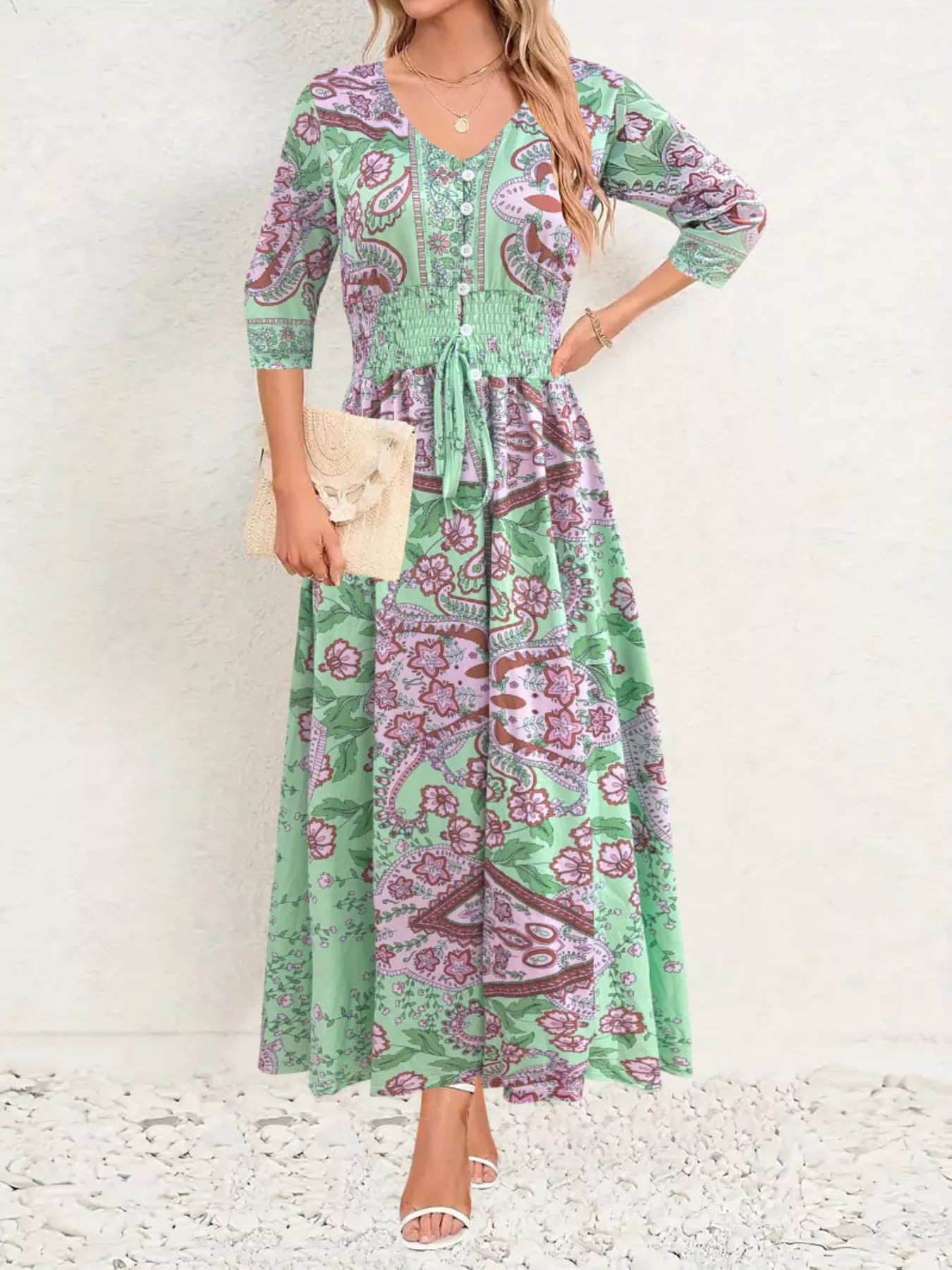 Sarah Express Women's Smocked Printed Half Sleeve Midi Dress