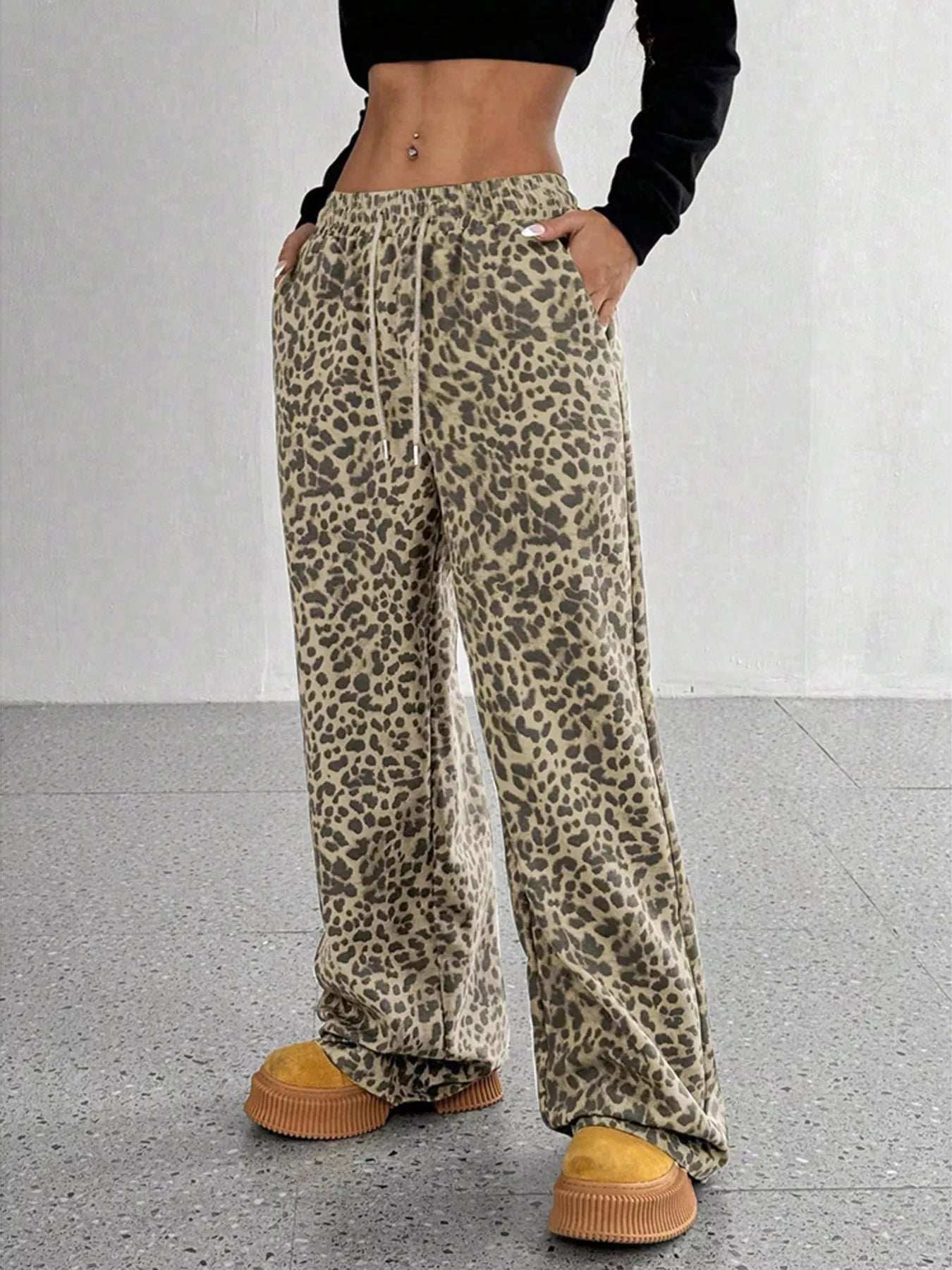 Sarah Express Women's Leopard Print Wide Leg Pants - Drawstring Casual Bottoms