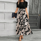 Sarah Express Women's Floral Print Maxi Dress Round Neck Short Sleeve A-Line Vacation