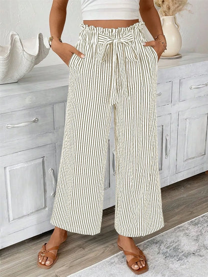 Sarah Express Women's Striped Wide Leg Paper Bag Pants Plus Size