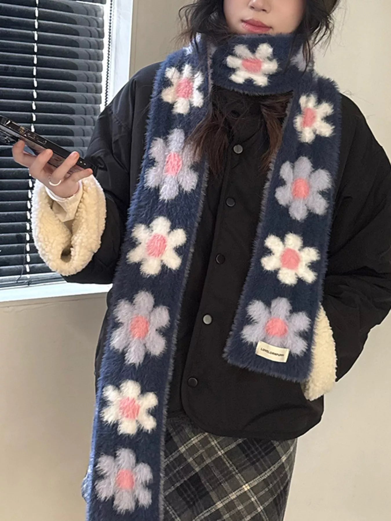 Sarah Express Women's Floral Fuzzy Knit Scarf - Soft Faux Mink Winter Scarf