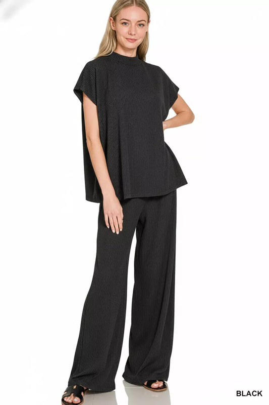 Sarah Express Women's Raised Rib Short Sleeve Tee & Pants Set