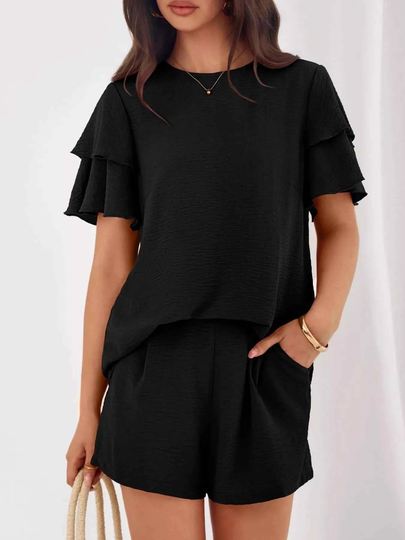 Sarah Express Women's Ruffle Sleeve Top and Shorts Two-Piece Set - Casual Summer Outfit Black