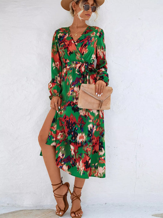 Sarah Express Women's Printed Surplice Long Sleeve Midi Dress Green