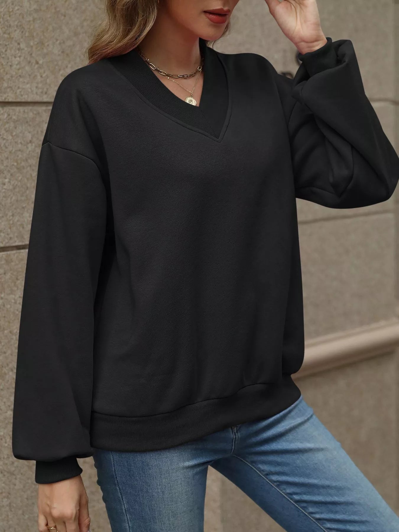 Sarah Express Women's V-Neck Solid Color Casual Sweatshirt