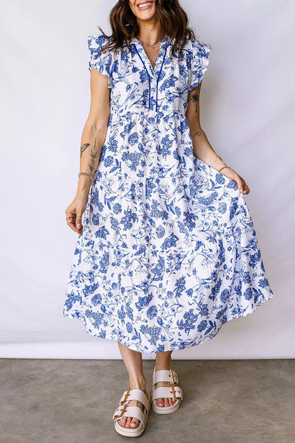 Sarah Express Women's Floral Midi Dress Ruffled Short Sleeve Tiered Casual Summer Dress