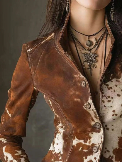 Sarah Express Women's Cow Print Blazer Button Up Jacket