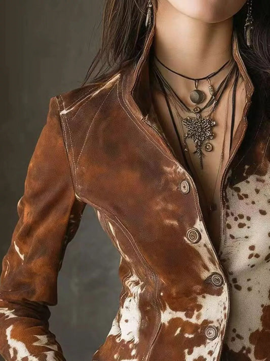 Sarah Express Women's Cow Print Blazer Button Up Jacket