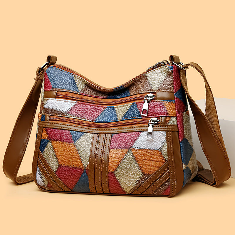Sarah Express Women's Color-Block Patchwork Crossbody Bag | Multi-Layer PU Leather Shoulder Bag