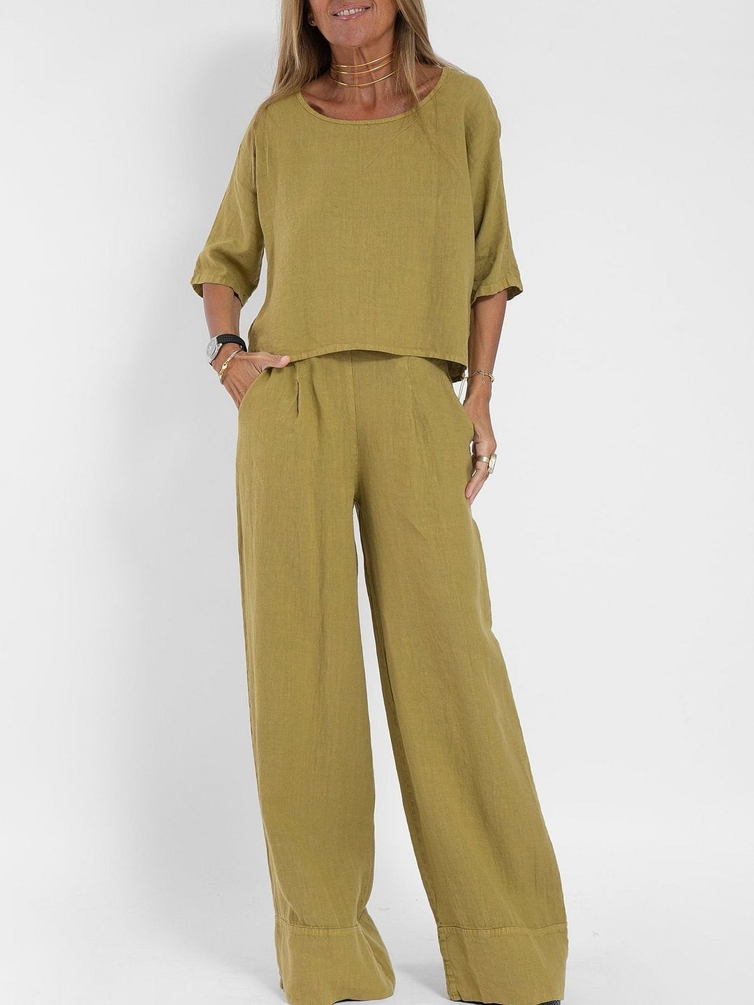 Sarah Express Cotton Linen Two-Piece Pants Suit Cropped Sleeve Wide Leg Casual Set