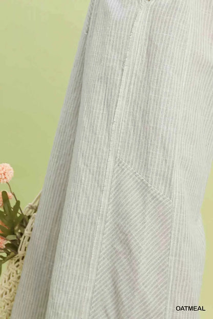 Sarah Express Women's Linen Blend Striped Wide Leg Pants - Cropped High Waist Drawstring Trousers