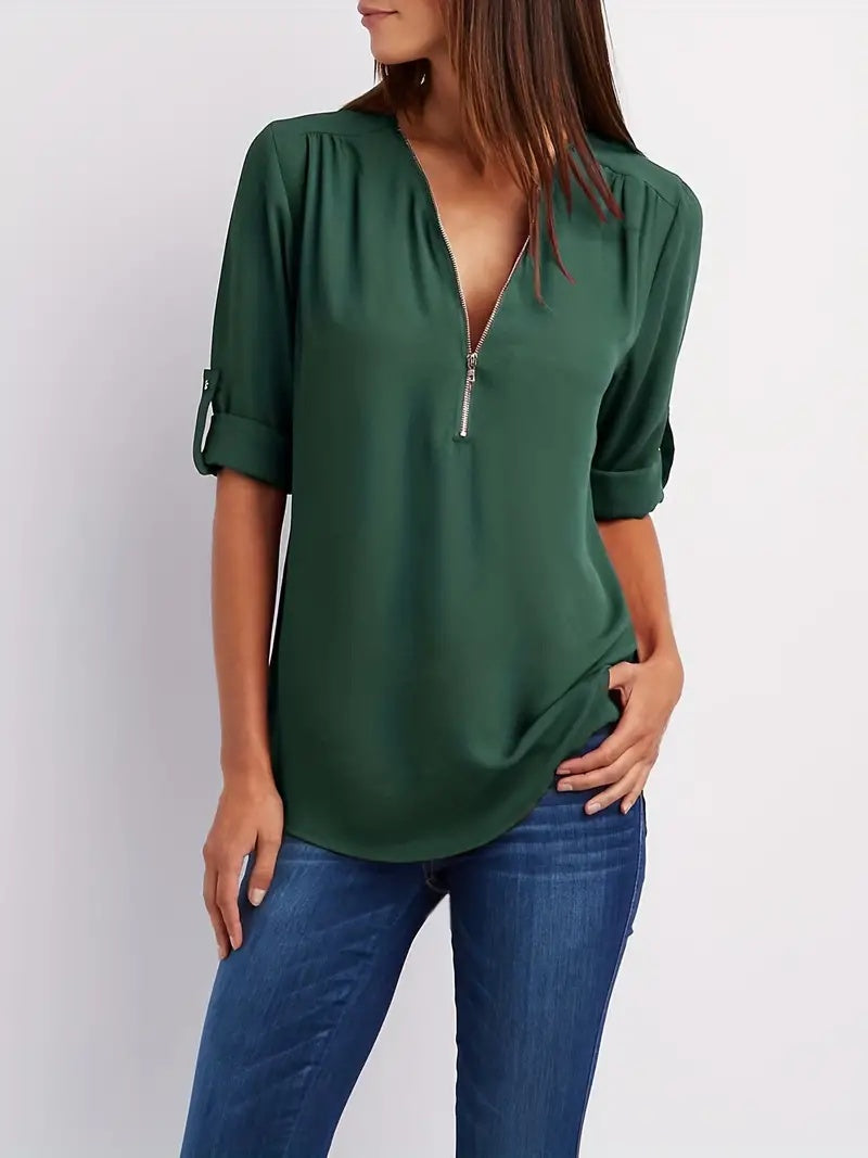 Sarah Express Ruched Half Zip V-Neck Blouse with Rollable Sleeves