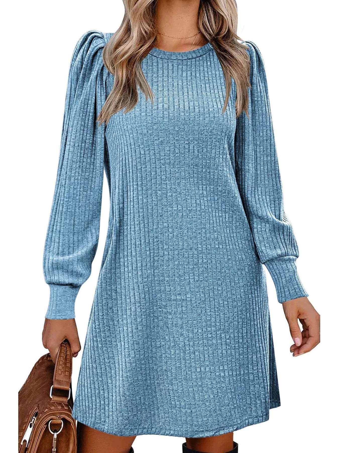 Sarah Express Women's Ribbed Knit Puff Sleeve Mini Dress Blue