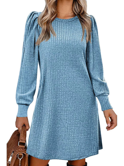 Sarah Express Women's Ribbed Knit Puff Sleeve Mini Dress Blue