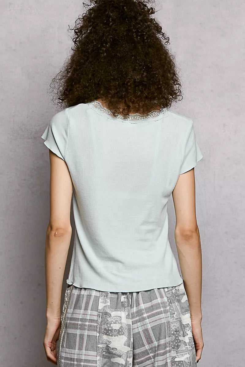 Sarah Express Women's Lace Trim Ribbed Crop Top - Short Sleeve Round Neck T-Shirt