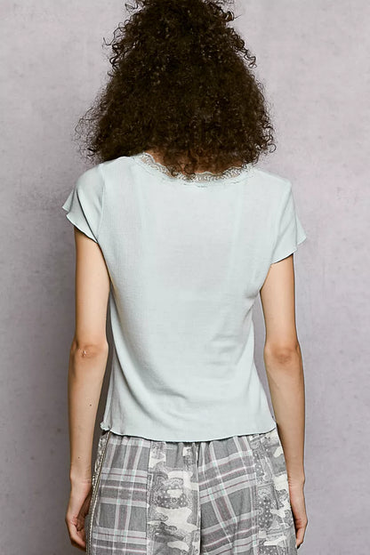 Sarah Express Women's Lace Trim Ribbed Crop Top - Short Sleeve Round Neck T-Shirt