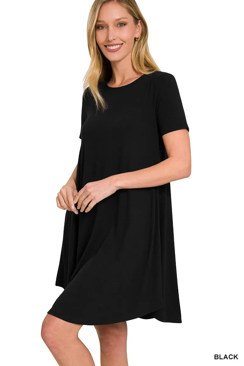 Sarah Express Women's A-Line Dress with Pockets - Short Sleeve Round Hem Casual Dress