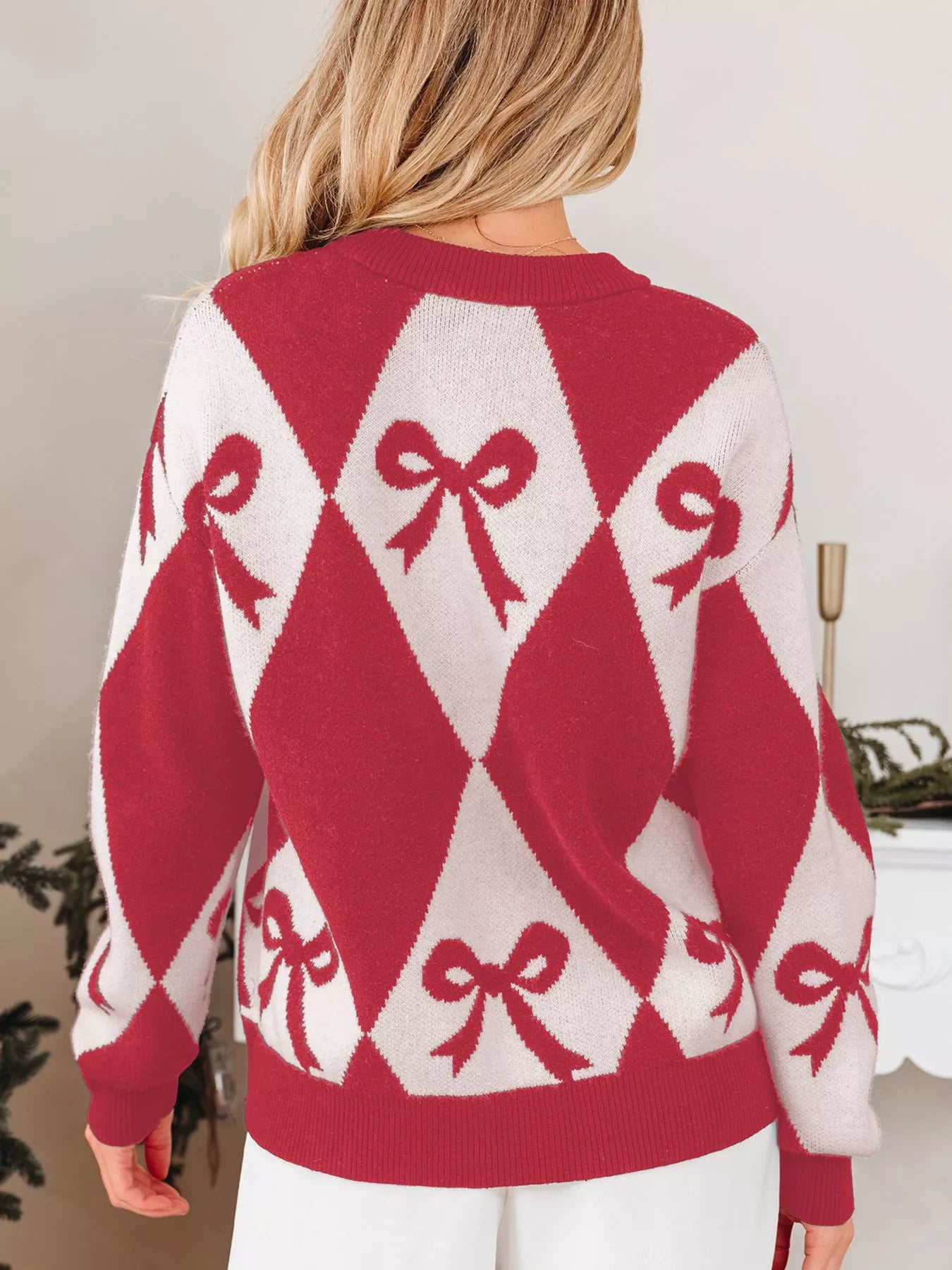 Sarah Express Women's Bow Print 2-Tone Rhombus Knit Loose Sweater