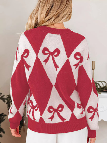 Sarah Express Women's Bow Print 2-Tone Rhombus Knit Loose Sweater