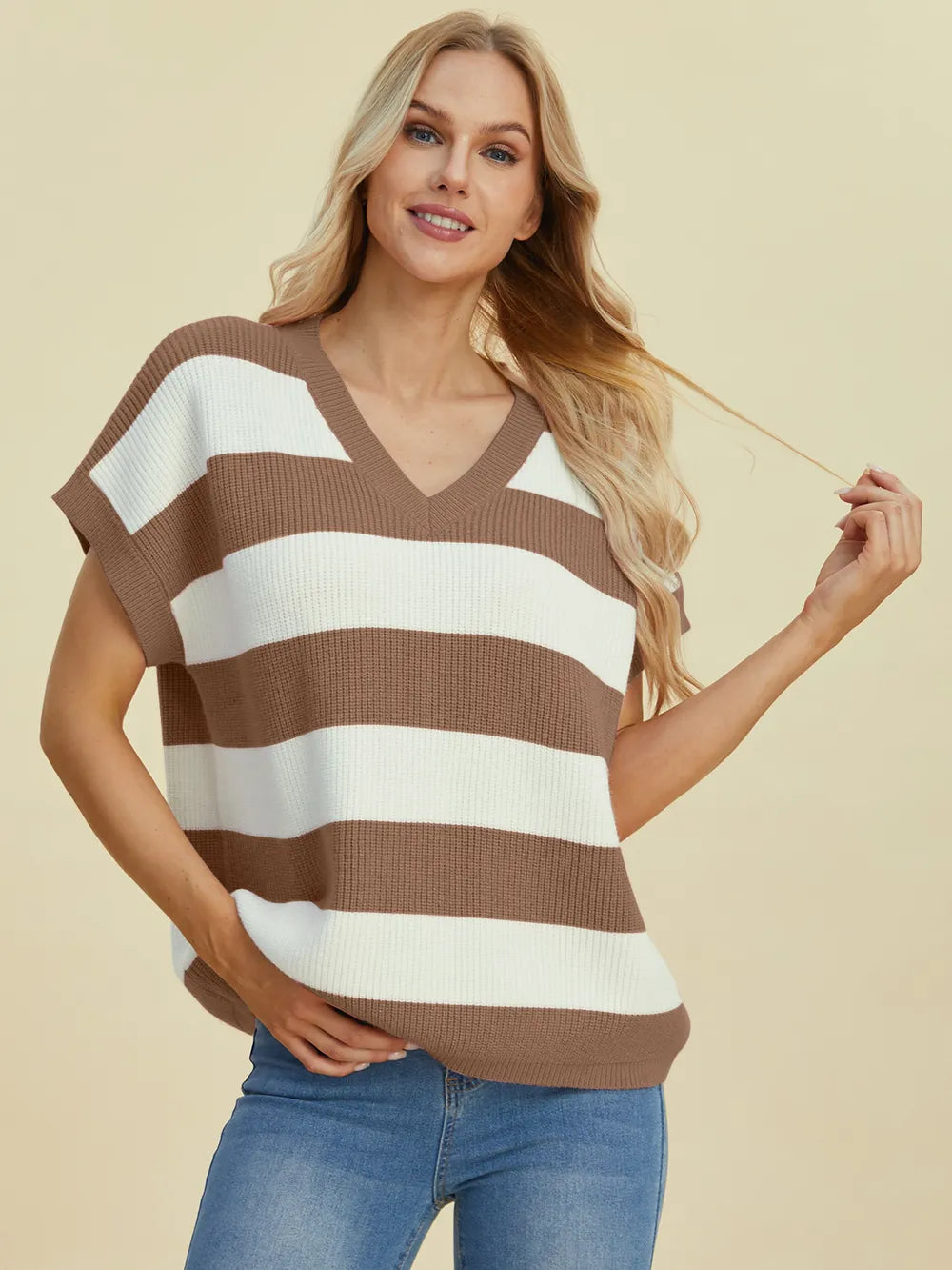 Sarah Express Women's Striped V-Neck Short Sleeve Sweater Camel