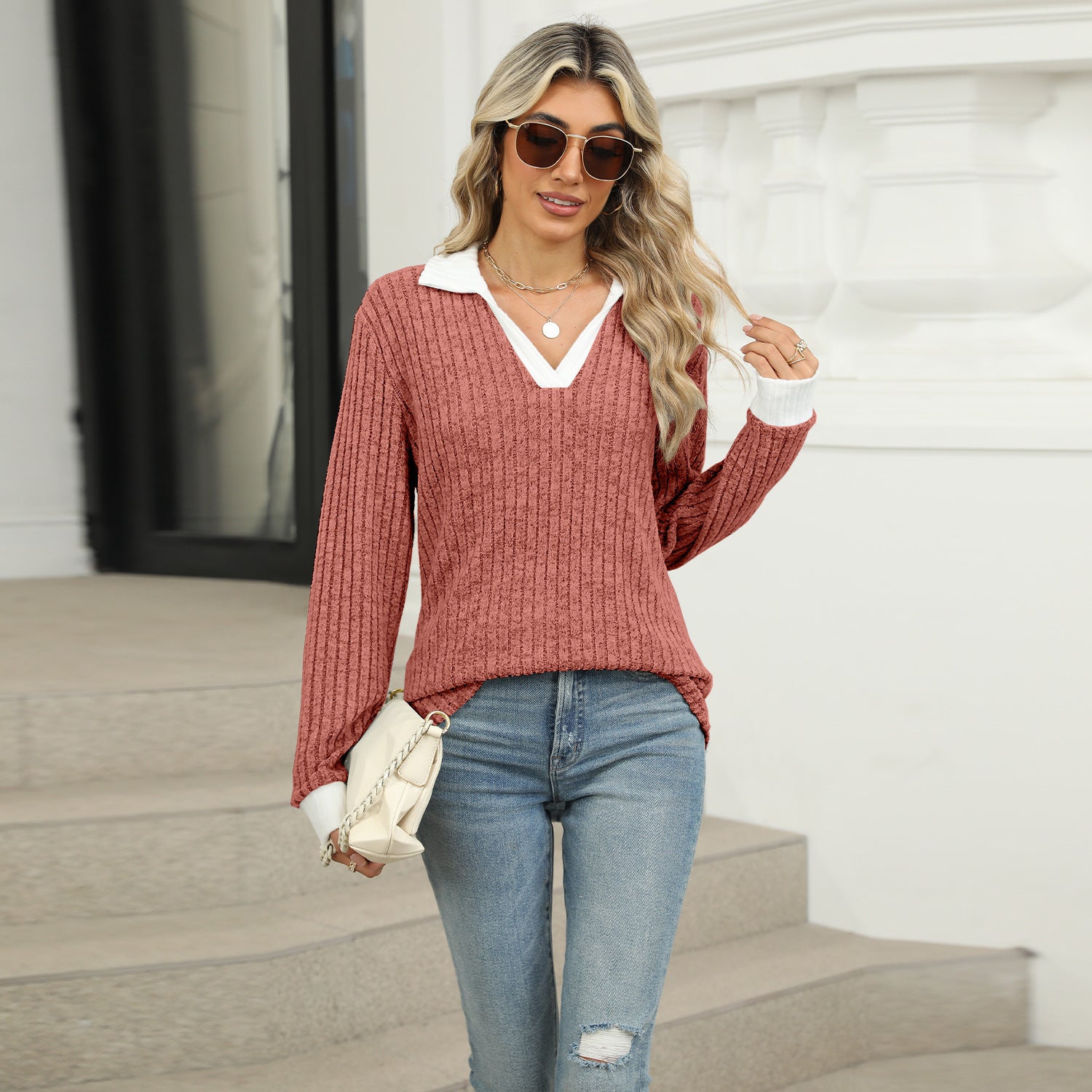 Sarah Express Women's Lapel Long Sleeve Loose Fit Top Rayon Pullover