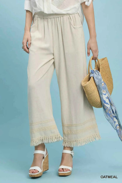 Sarah Express Women's Wide Leg Linen Pants with Lace Trim and Fringe Hem - Boho Drawstring Pants OATMEAL
