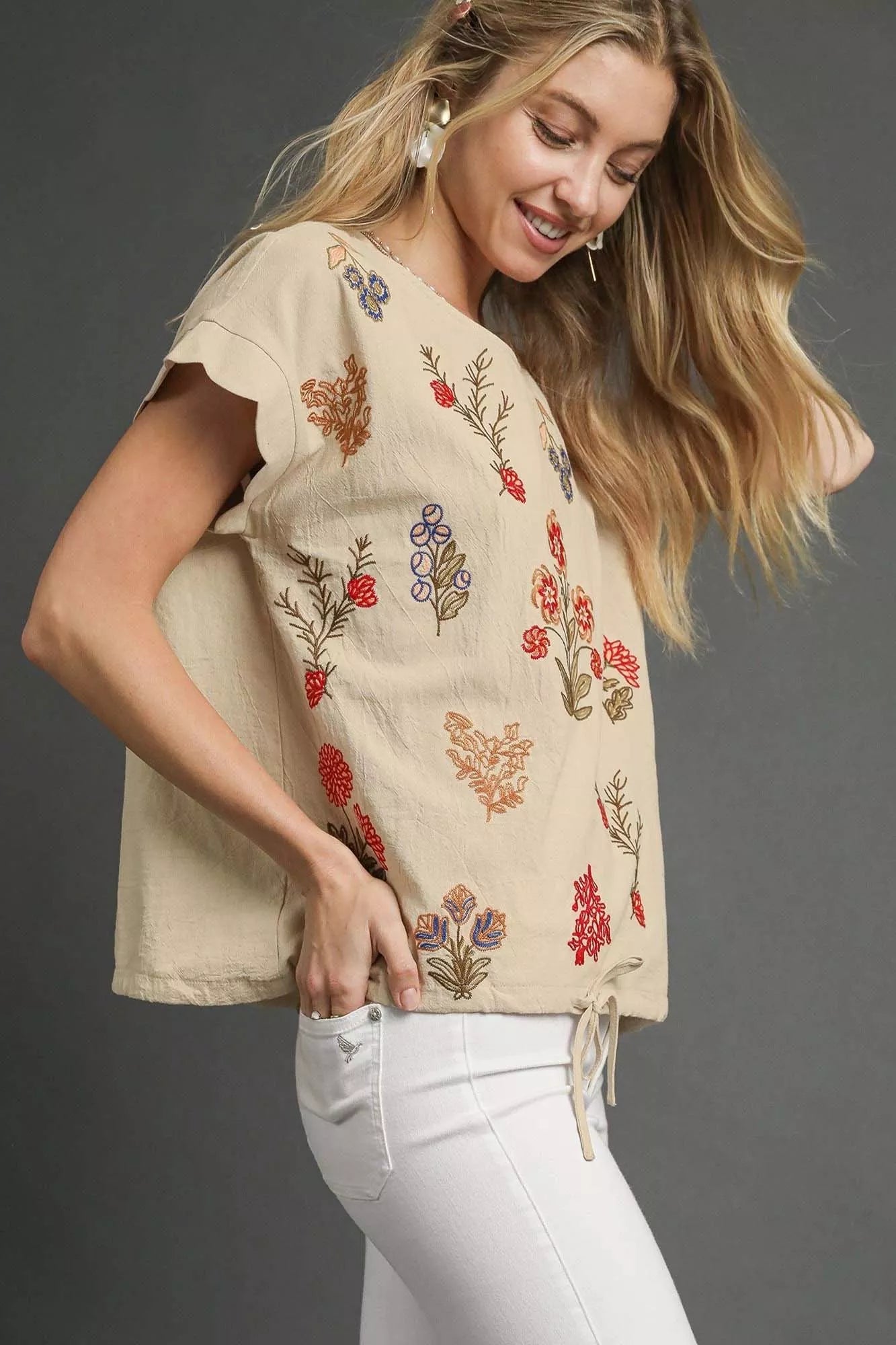 Sarah Express Women's Embroidered Scallop Sleeve Top with Drawstring Hem