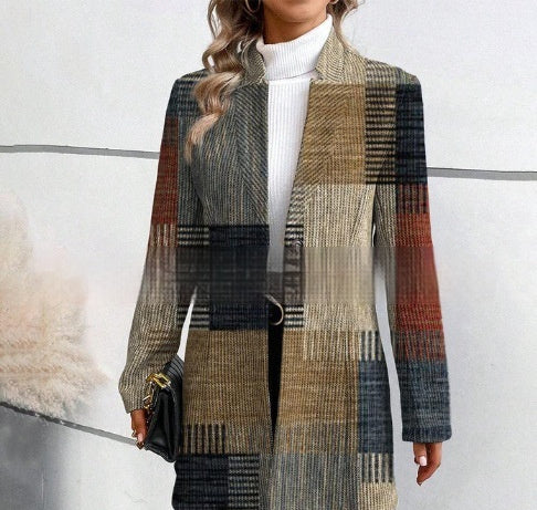 Sarah Express Women's Printed Stand Collar Trench Coat Long Sleeve Mid Length Korean Style Outerwear
