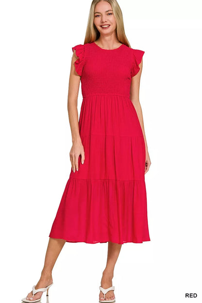 Sarah Express Women's Woven Smocked Ruffle Sleeve Midi Dress
