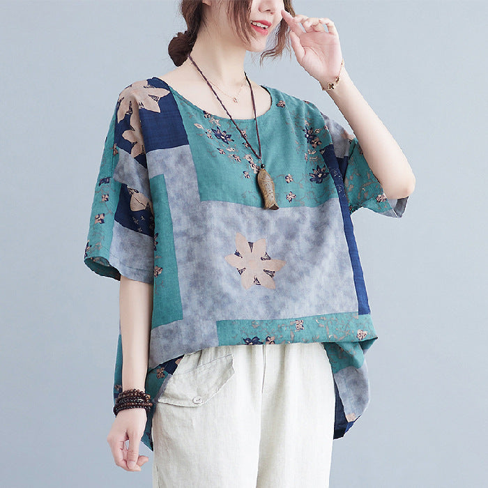 Sarah Express Women's Ethnic Floral Print Cotton Linen T-Shirt Loose Fit Round Neck Short Sleeve