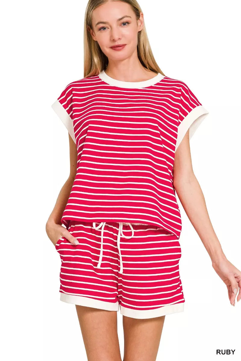 Sarah Express Women's Stripe Contrast Trim Top & Shorts Set RUBY