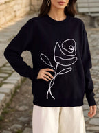 Sarah Express Women's Flower Round Neck Dropped Shoulder Sweater