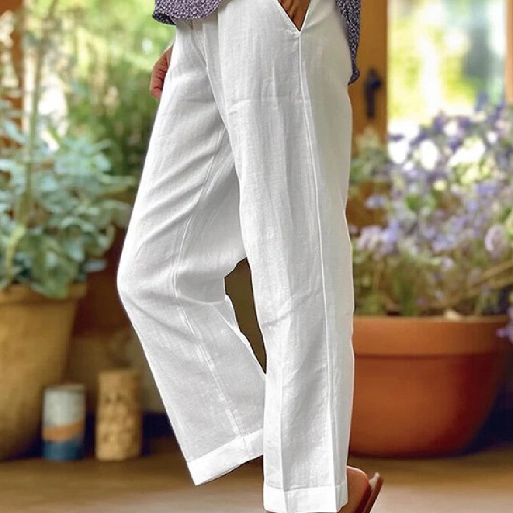 Sarah Express Women's Cotton Straight Leg Pants - Casual Mid-Waist Loose Fit Trousers