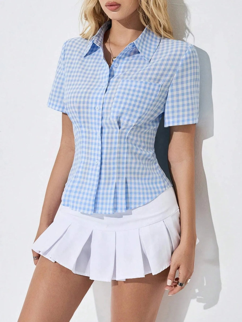 Sarah Express Women's Gingham Short Sleeve Button-Up Shirt